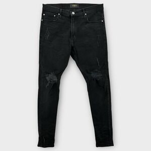 Oro Los Angeles Jeans Mens 32x34 Black Skinny Ripped Ankle Zip Distressed Denim